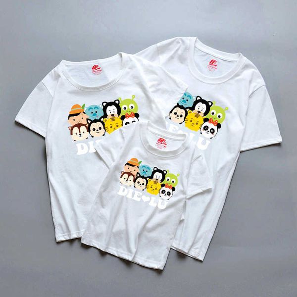 

matching family look outfits cartoon animals cotton casual summer short sleeve t-shirt father mother and daughter clothes 210713, Blue