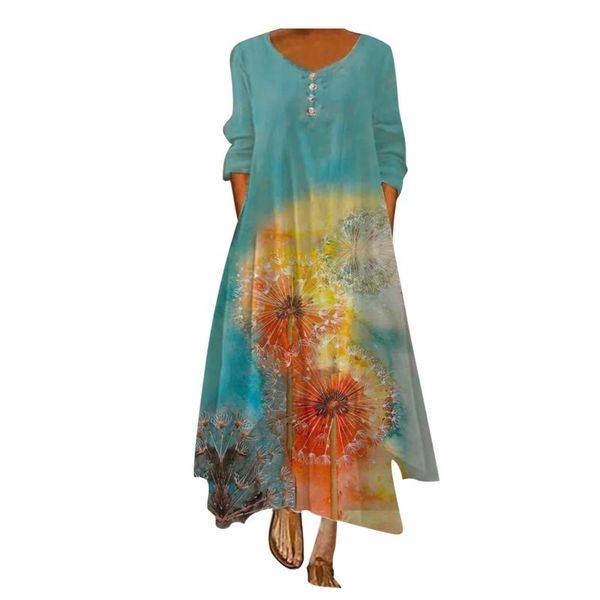 

casual dresses dandelion print dress women buttons o-neck long sleeve floor-length vintage bohemian ropa mujer, Black;gray