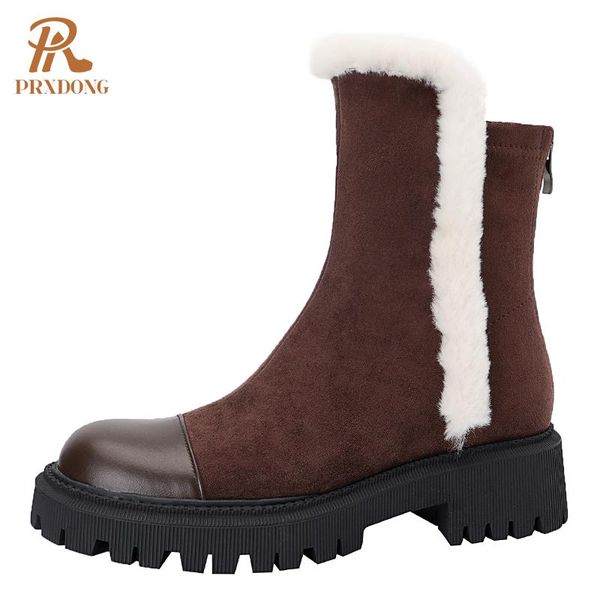 

boots winter suede ankle for women knee high chunky heels round toe platform ladies casual shoes back zipper fur plus size, Black