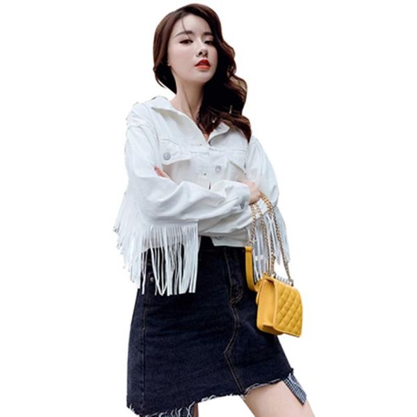 

women denim short jackets 2021 autumn fashion female casual tassel long sleeve outwear coats white jacket streetwear women's, Black;brown