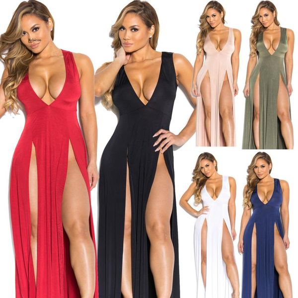 

summer women ladies deep v-neck split dresses sleeveles party asymmetrical floor-length bandage dress casual, Black;gray