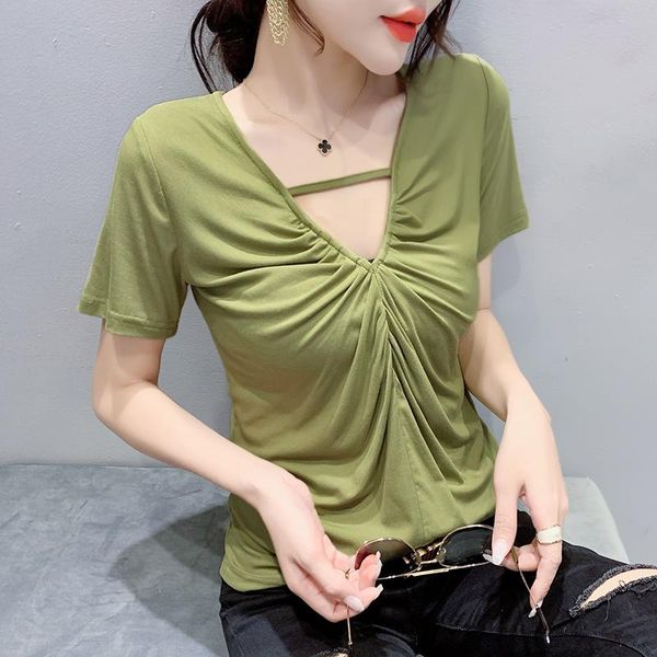 

women's t-shirt 2021fashion women solid color v neck elegant summer short sleeve t shirt plus size t-shirts, White