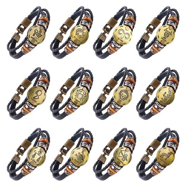 

bangle 12 constellations bracelets zodiac signs bangles for men women fashion leather alloy buckles jewelry, Black