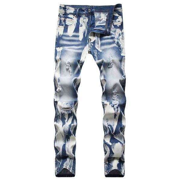 

men's jeans holes ripped denim streetwear slim pants painted destroyed washed trousers 5hr4, Blue