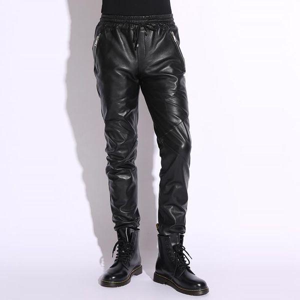 

men's genuine leather harem pants real sheepskin motorcycle biker casual loose autumn winter thick warm windproof male trousers, Black