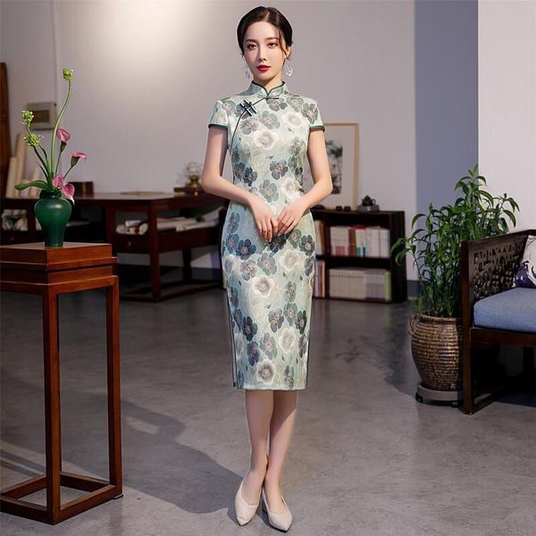 

ethnic clothing fashion retro light green satin floral print qipao woman chinese summer traditional vintage bodycon cheongsam, Red