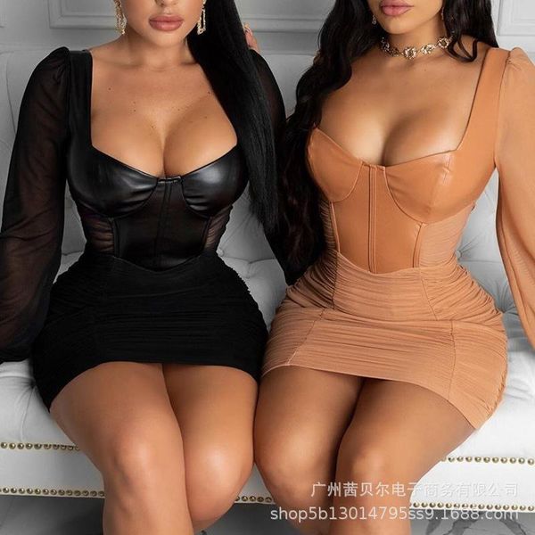 

casual dresses wepbel women elegant autumn pu patchwork bodycon dress csaual ladies long lantern sleeve squar collar chiffon pencil mini, Black;gray