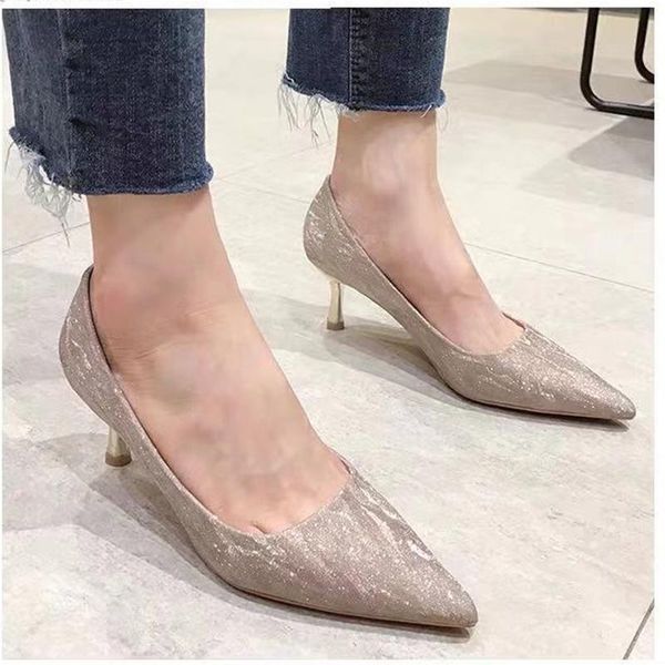 

dress shoes shiny party high heel women sequined pointed toe pumps fashion metal thin ladies 6 cm, Black