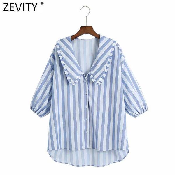 Zevity frauen süße peter pan kragen gestreiften druck casual shirts office dame latern sleeve bluse schick sommer blusas tops ls9158 210603