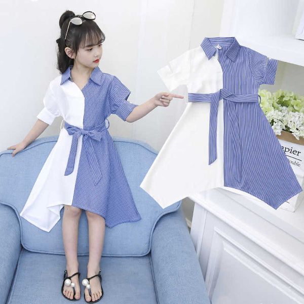 Sommer Kinder Kleider für Mädchen Prinzessin Umlegekragen Vertikal Blau Weiß Gestreiftes T-shirt Kleid 4 5 6 7 8 9 10 11 12 13 14 Y Q0716