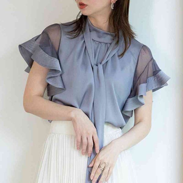 

casual dresses summer sweet lace up ruffles blouse women shirts chic mesh patchwork womens elegant short sleeve blusas mujer, Black;gray