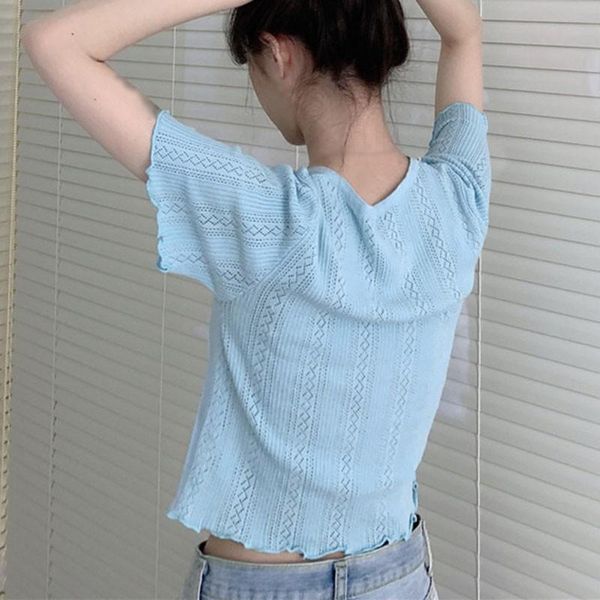 

jlong women single-breasted summer t-shirts thin navel v-neck short-sleeved knit cardigan women's t-shirt, White