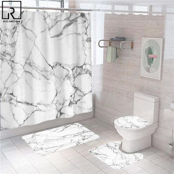 

shower curtains white marble with hooks modern bathroom decor golden toilet lid cover bath mat set carpet wc accessories