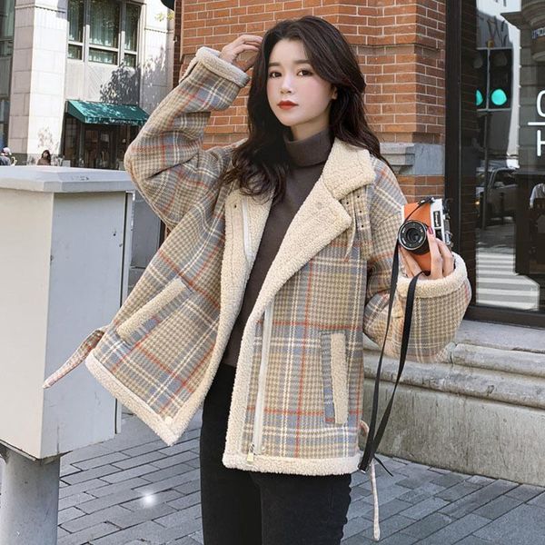 

women's jackets wenfly women plaid lamb woolen thick plus velvet coat winter wild korean version loose warm streetwear jacket outerwear, Black;brown