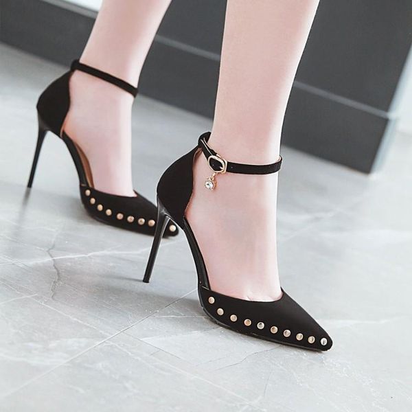 

red wedding shoes french dress high heels women's thin spring and summer 2021 versatile suede rivet pointed single sho sandals, Black