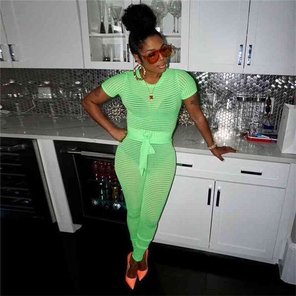 Malha Sexy Laço Laço Laço Atadura Jumpsuit Mulheres Manga Longa Bodycon Neon Green Orange Macacões Jumpsuits Party Club Playsuit 210517