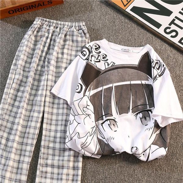 

comic print cartoon two piece womens pants short sleeved t shirt casual loose plaid wide leg clothing, White