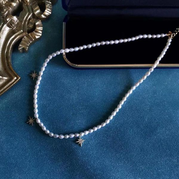 

3.5-4mm handpicked white freshwater pearls necklace with cross stars,natural heteromorphic women jewelry ornaments chains, Silver