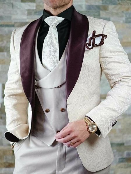 

men's suits & blazers standard male beige tuxedos brown shawl satin lapel groom tuxedo groomsmen suit homme wedding man 3-bun (jacket +, White;black