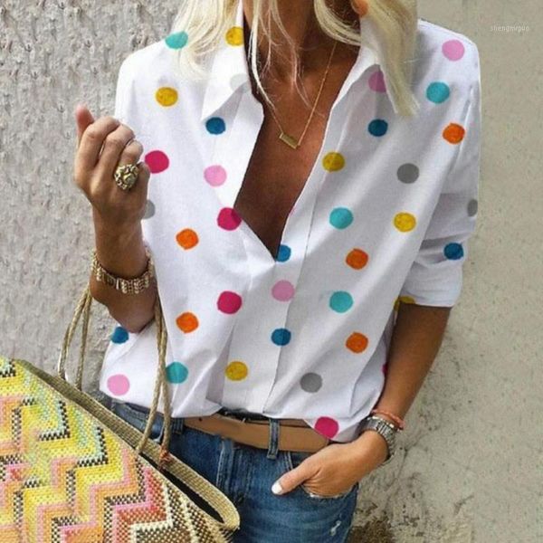 

women's blouses & shirts 2021 women summer autumn casual colorful dots printed blouse turn down collar loose long sleeve, White