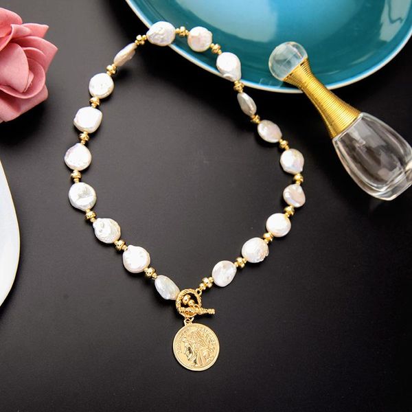 

gold color chain portrait coin pendant choker necklace women irregular baroque cultured pearl bohemian jewelry gift necklaces, Silver