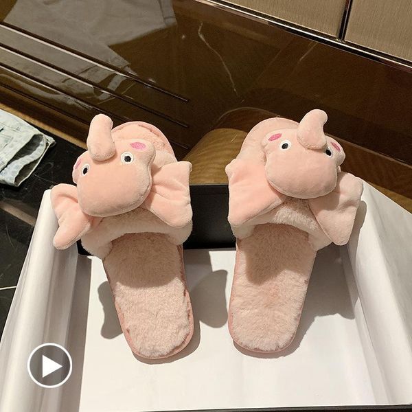 

autumn winter female plush slippers cartoon elephant ladies flat slides girls flock outdoor indoor floor shoes for women, Black