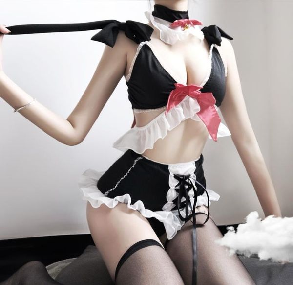 

lolita kawaii sleepwear bowknot bra panty sets anime love live cosplay girls maid costume camisole & panties underwear sets, Red;black