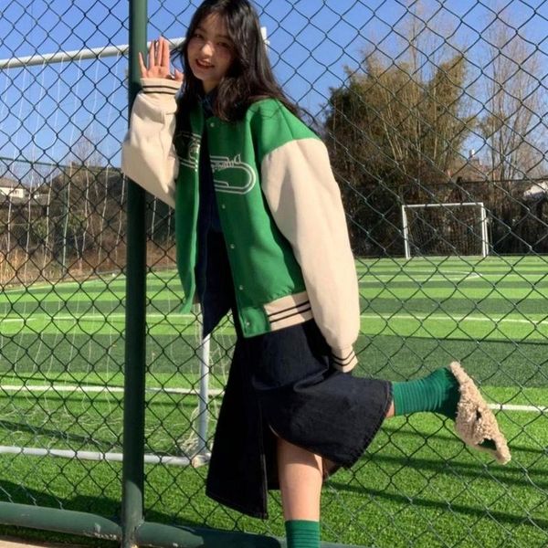 

women's jackets for women letter embroidery loose baseball uniform vintage womens oversize jacket single breasted clothing 2021, Black;brown