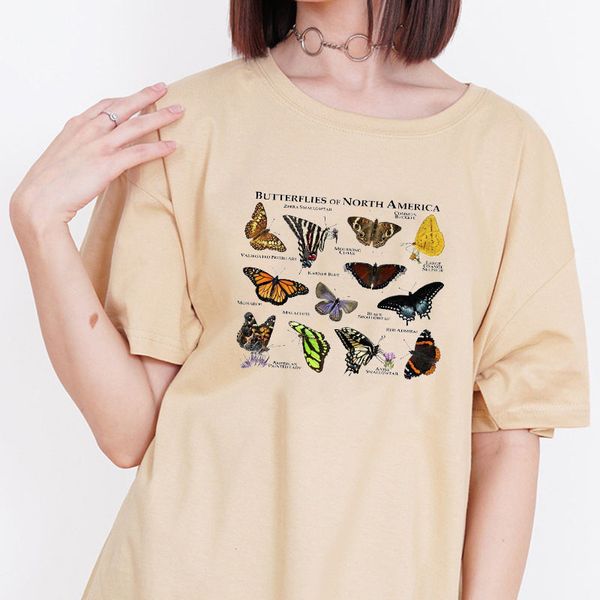 Mulheres Tee Borboleta Imprima Elegante Verão Roupas Tops para Menina Vintage Harajuku Khaki Câmera Grupo Camisetas Mujer 210518