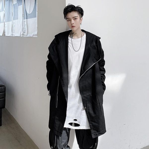 

men's vests autumn dark medium long hooded windbreaker with oblique placket zipper coat hairdresser youth cape, Black;white