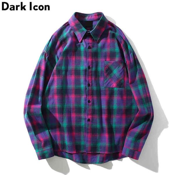 Ícone escuro giro giro flannel xadrez sihrt homens moda hip hop camisa rua manga longa camisa streetwear 210410