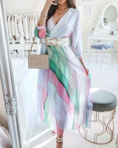 

casual dresses women's 2021 product colorful striped v-neck long skirt, chiffon skirt, Black;gray