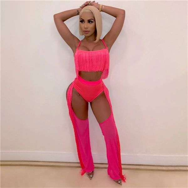 

women tassel two piece sets spaghetti strap backless crop hollow out long pants 2019 autumn club 2 pcs outfits, White
