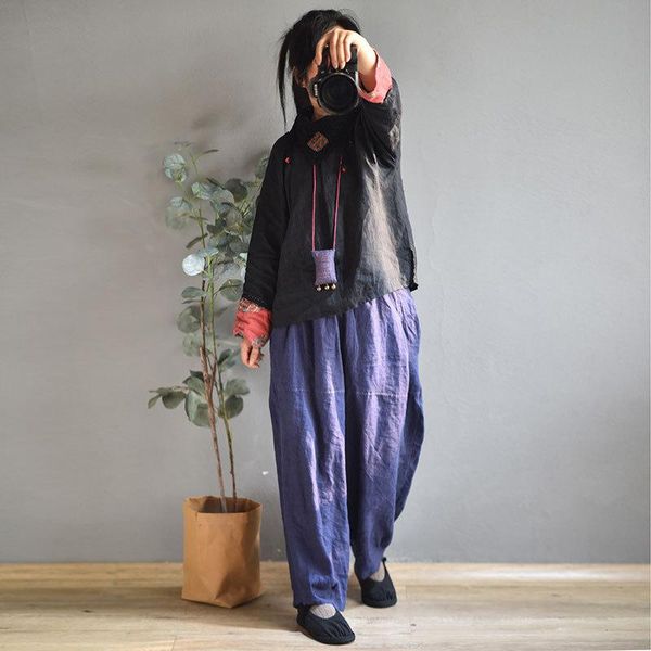 

women pants cotton linen 2021 original spring autumn loose elastic waist casual solid color pockets vintage harem baggy trousers women', Black;white