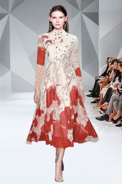 

2021 autumn women's t-stage catwalk long sleeve printed skirt 4m large swing dress, Black;gray