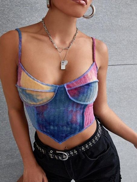 

tie dyed camisoles sleeveless women cami spaghetti strap v neck rib knit crop party club streetwear lady irregular bustier, White