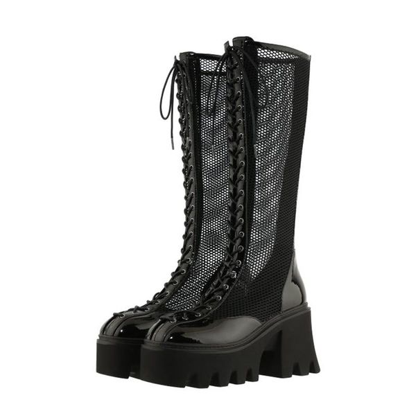 

style woman fashion pumps gauze shoes zipper concise mature waterproof platform air mesh round toe patent leather boots, Black