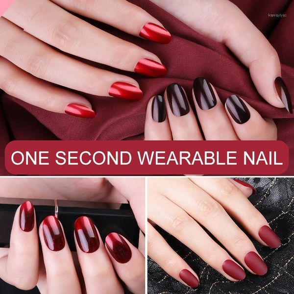 

24pcs / set boxed solid color removable and reusable fake nails wear patch nail art decoration tools do not hurt nails1, Red;gold
