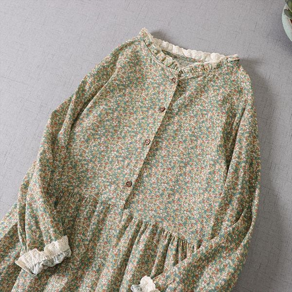 

spring full rustic village flowers womens dress print ruffled collar long sleeve cotton, Black;gray