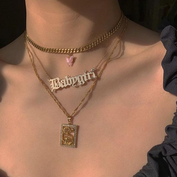 

chokers 3 pcs/set bohemian women necklaces set square dragon letter pink butterfly clavicle chain gold necklace wedding party jewelry, Golden;silver