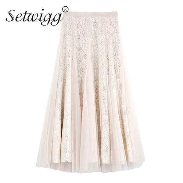 

skirts spring crochet lace layered tulle a-line skirts elastic waist pathchwork calf pleated long flounced mesh skirt, Black