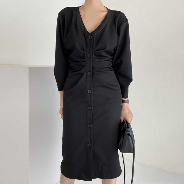 

casual dresses single-breasted korean style a-line long sleeve winter elegant loose 2021 dress women spring woman party vinta, Black;gray
