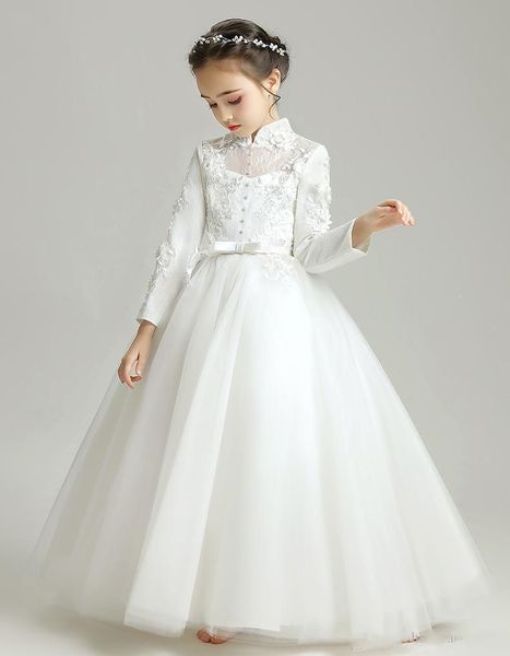 

lovely ivory long sleeves applique girl' pageant flower girl dresses princess party child skirt custom made, White;blue