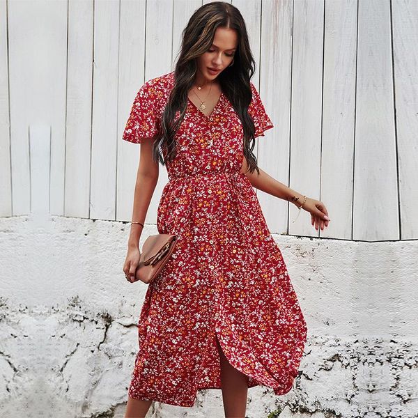 

casual dresses 2021 spring vingate dress women short sleeve high waist slim button for summer chiffon, Black;gray