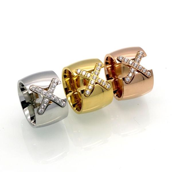 

2021 new arrival gold color ring bijoux 14mm width big pave setting cz cross x ring for women trendy crystal jewelry wholesale gift, White