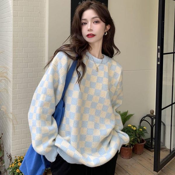 

women's sweaters harajuku lattice stitching student pullover sweater women korean o-neck loose long sleeve knitted simple oversize, White;black