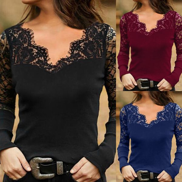 

2021 new women's temperament commuter pullover v-neck lace mesh bottom shirt, White