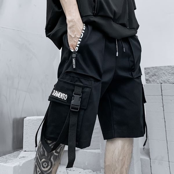 

men's shorts summer cargo pants mens harajuku fashion streetwear hip hop punk men trousers ribbons sports military black zt3o, White;black
