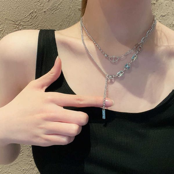 

double layered chain ring necklace for women in summer with t-shirt hip hop tuku clavicle cool wind neck, Silver