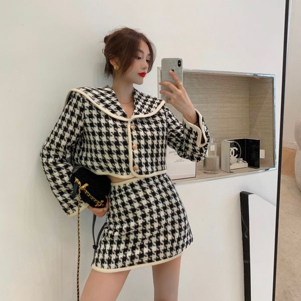 

2021 a line autumn vintage houndstooth tweed 2 piece set women plaid single-breasted short jacket coat + bodycon mini skirt suit outfit, White